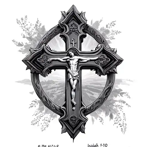 cathedral cross with the verse Isaiah 41:10 tattoo design idea