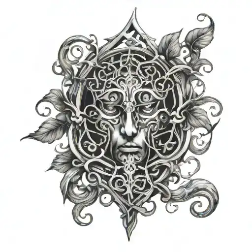 corrupted vines with symbol in it and eyes gothic theme men  tattoo design idea