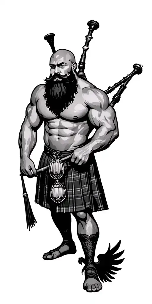 shirtless muscular bagpiper bald black beard  big black wings playing bagpipes in arm tattoo design idea