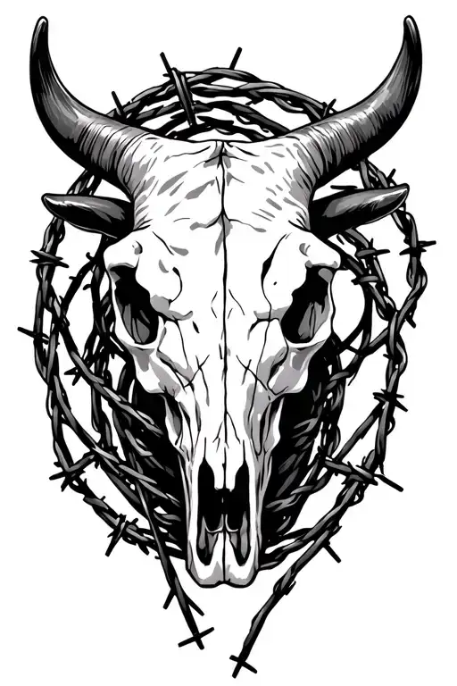 longhorn bull skull wrapped in barbed wire tattoo design idea