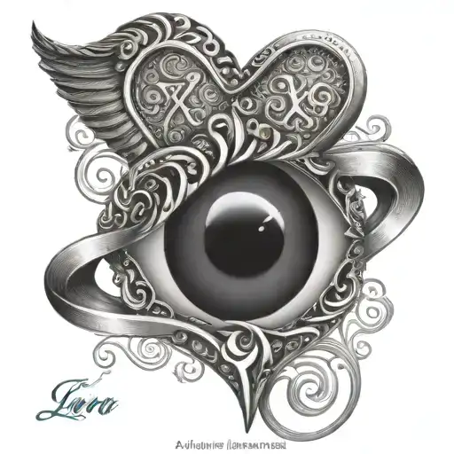 turkish nazar as a love heart with the name Lara-şerife in the middle and tanrının hediyesi linked by infinity and XO   tattoo design idea