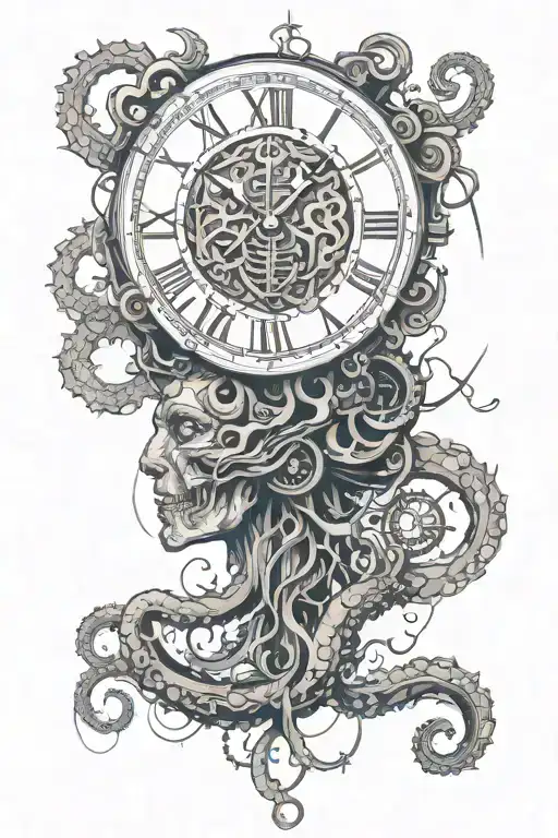 brain kraken multitasking problems clock tattoo design idea
