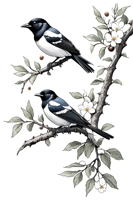 Two Australian magpies, one sits on a flowering gum branch, one flying home, branch has gumnuts and eucalyptus leaves tattoo design idea
