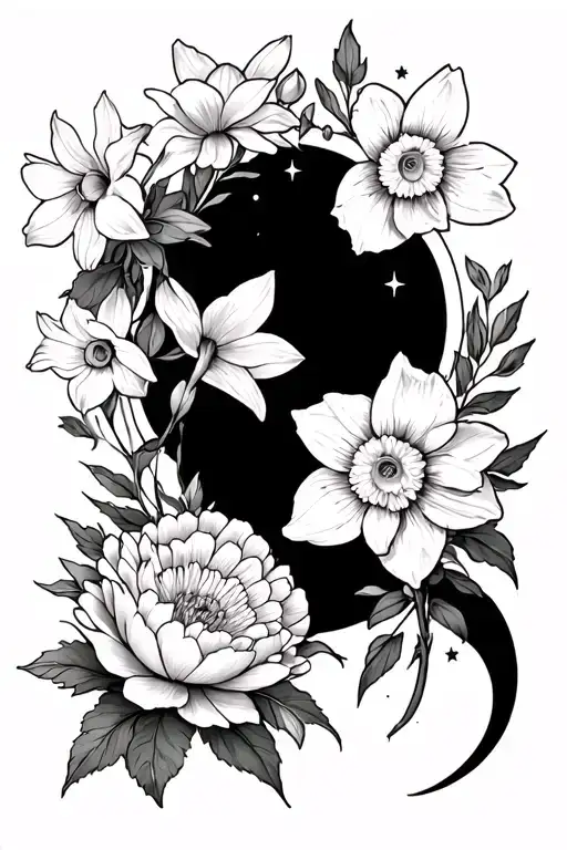 daffodil, jonquil, chrysanthemum, & peony with moon & stars, aries & scorpio zodiac tattoo design idea