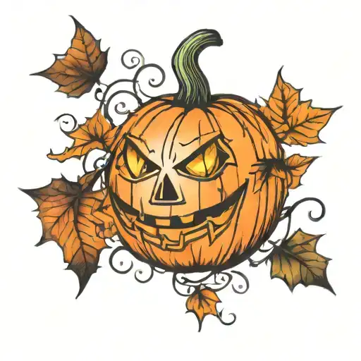 jack o lantern and fall colored leaves tattoo design idea