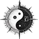 compass mixed with a yin yang and the SRD letters tattoo design idea