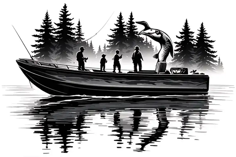 bass boat fishing dad and kids on boat with nature trees on water with large bird tattoo design idea
