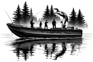 bass boat fishing dad and kids on boat with nature trees on water with large bird tattoo design idea