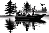 bass boat fishing dad and kids on boat with nature trees on water with large bird tattoo design idea