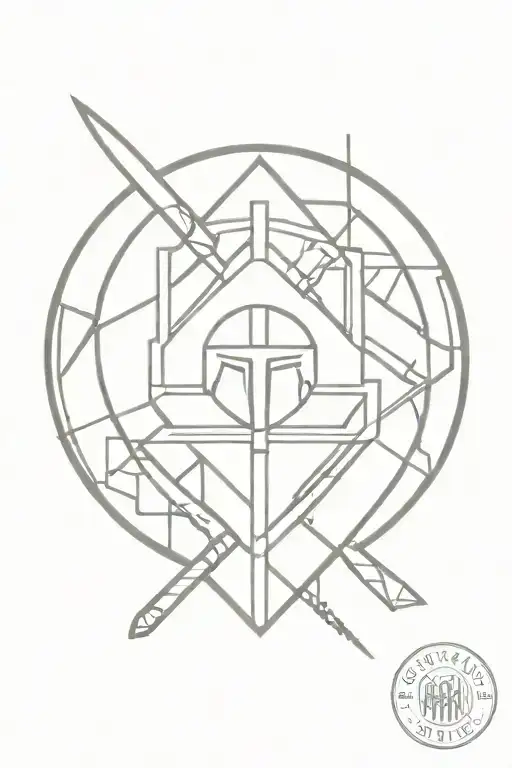 spartan, shield, spear, modern fine line tattoo design idea