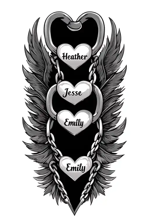 Chain with 3 hearts and the names Heather, Jesse, Emily. Eagle feathers at the ends. tattoo design idea