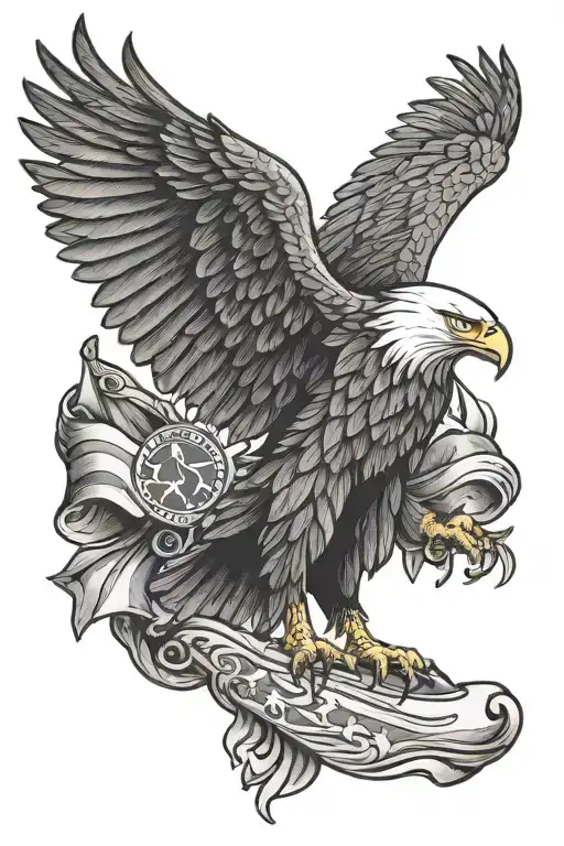 eagle w flag and scroll letter with quilpen tattoo design idea