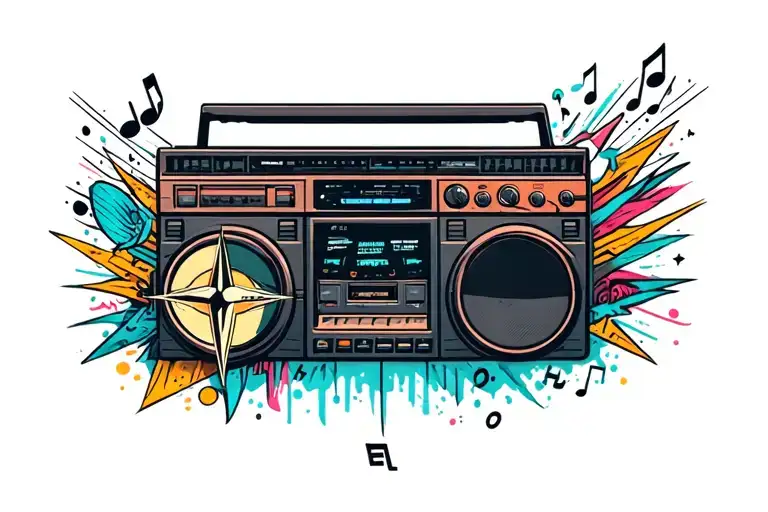 boom box, music notes, compass surrounded by various tattoo design idea