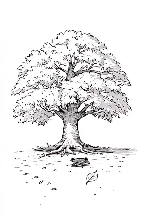Live Oak Tree with a frog on the ground and a single leaf falling down tattoo design idea