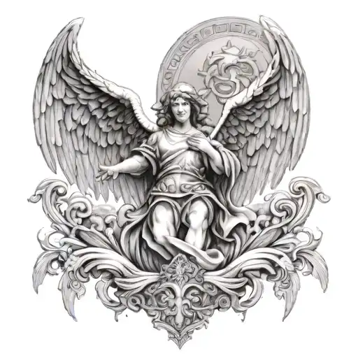 A detailed, half-sleeve tattoo design for the shoulder down, featuring a powerful guardian angel with wings outstretched tattoo design idea