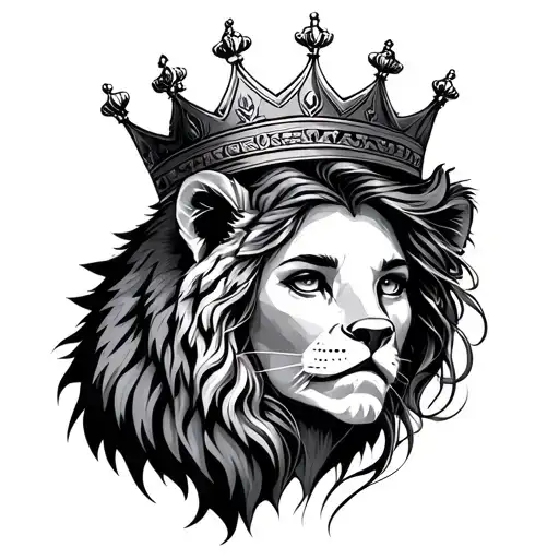 crown and women's face with lion and warrior  tattoo design idea