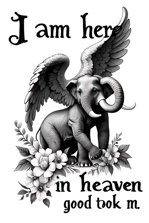 "I am here in heaven god took m" Male baby angel wings and an elephant with flowers and quote tattoo design idea