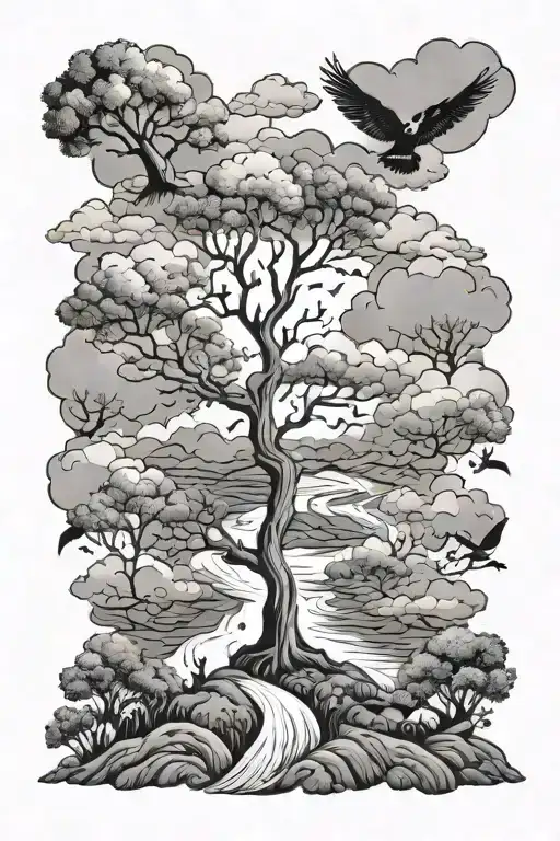 trees, birds, animals, clouds, river flowing tattoo design idea