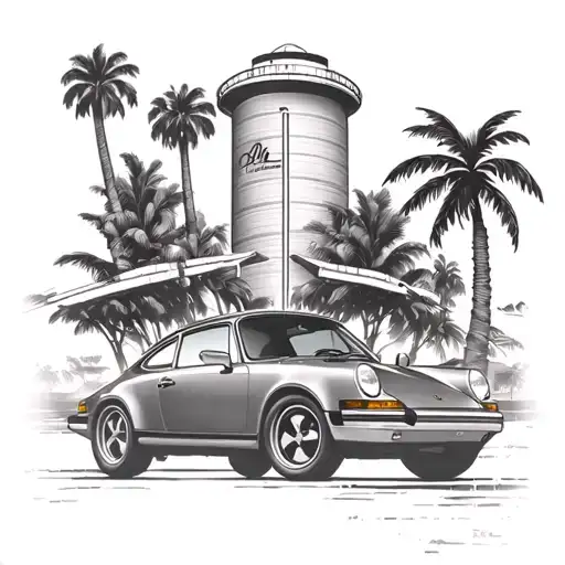 singer Porsche with water tower in background with palm trees tattoo design idea