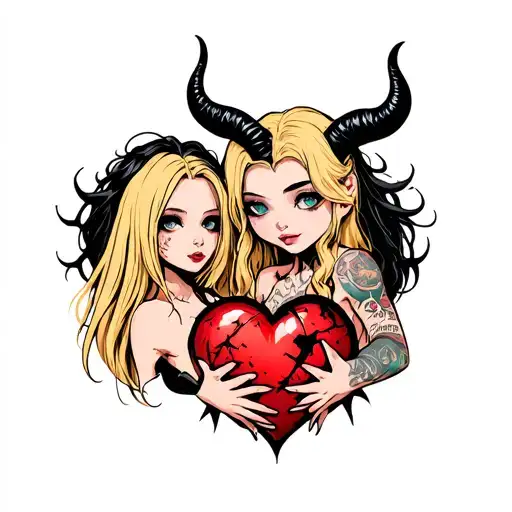 black thorny heart being held by a blonde with horns and a beautiful girl with black hair no horns and tattoos tattoo design idea