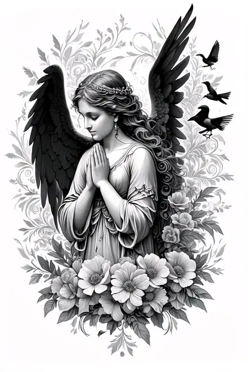 female angel praying surrounded by floral patterns and birds tattoo design idea