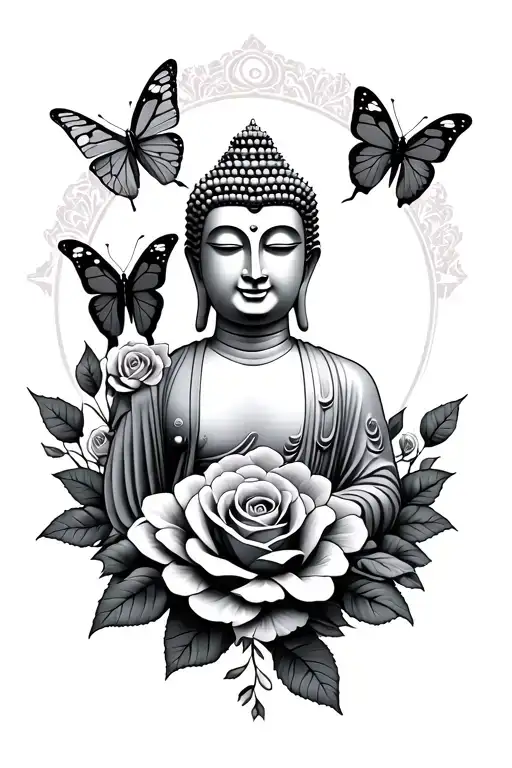 Buddha with roses and butterflies tattoo design idea