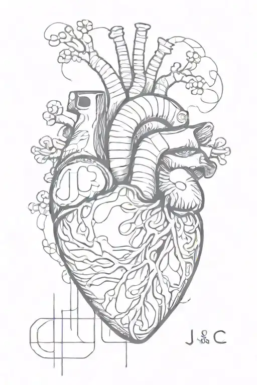 abstract design with the letters J and C inside a human heart tattoo design idea