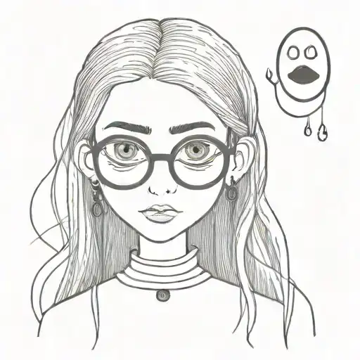 Coraline Doll with long straight hair and buttons as eyes with glasses and full lips, wearing gothic clothes tattoo design idea