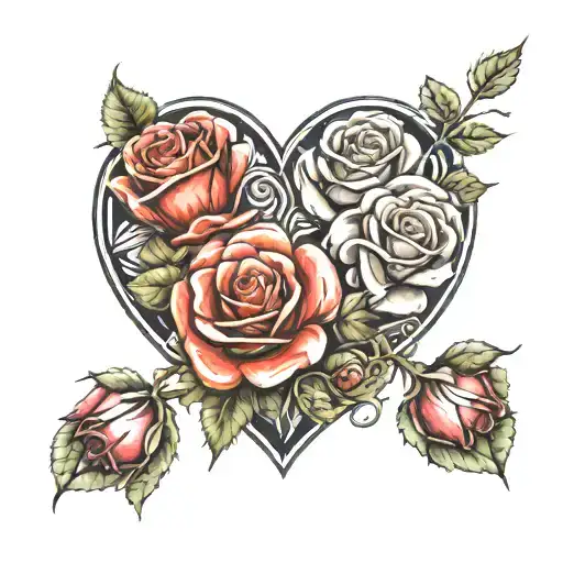 A heart with 3 roses wrapped a round it tattoo design idea