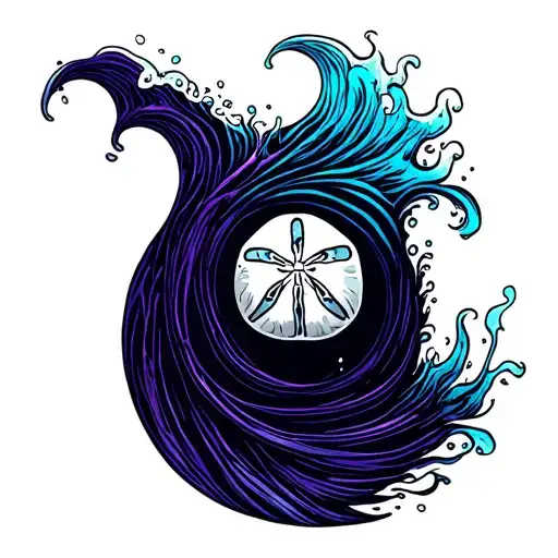 dark purple wave fades to blue with sand dollar next to it tattoo design idea