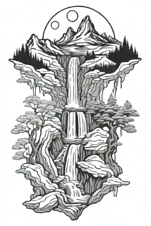 wolf mountain waterfall surrounded tattoo design idea