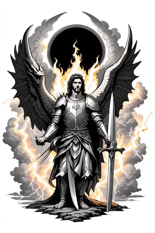 st. Michael archangel in armor holding a sword in flames against a dragon with a background of clouds and lightning  tattoo design idea