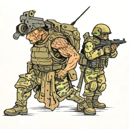 Larger soldier facing small soldier holding tattoo design idea