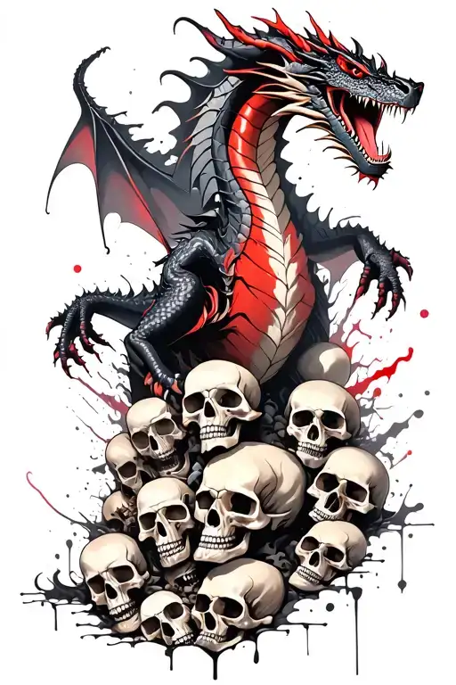 giant dragon rearing up from a pile of skulls tattoo design idea