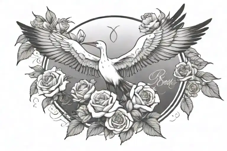 stork with wings spread surrounded by roses with 2 names tattoo design idea
