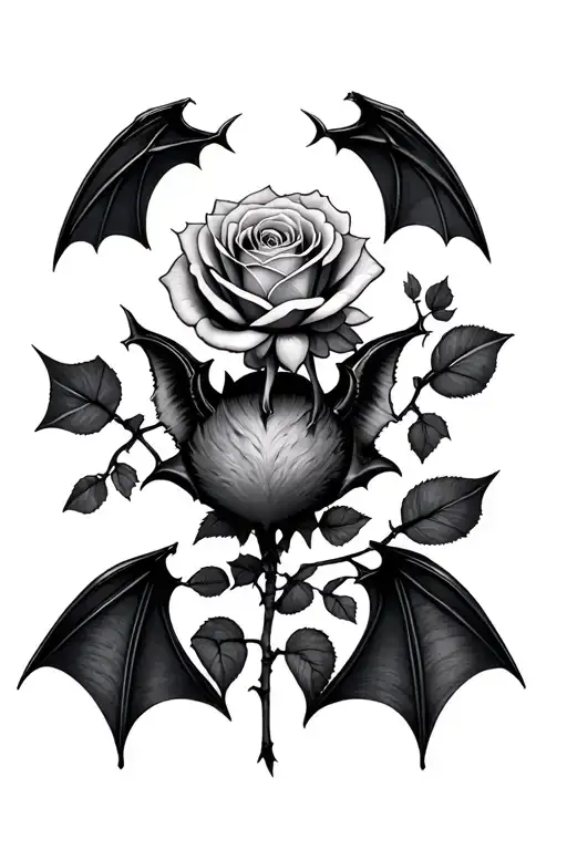 Bat in full growth and rose with gothic spikes tattoo design idea