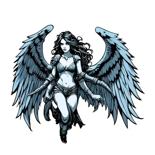 fallen angel warrior female tattoo design idea
