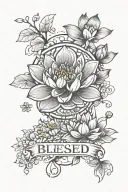 in the middle the word blessed written in Japanese horizontally with a lotus flower around the word with several small flowers tattoo design idea
