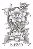 in the middle the word blessed written in Japanese horizontally with a lotus flower around the word with several small flowers tattoo design idea