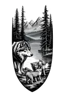 wolf and 2 cubs in woods by a lake with mountains, cubs playing, adult wolf watching over (protecting) tattoo design idea