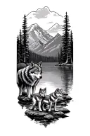 wolf and 2 cubs in woods by a lake with mountains, cubs playing, adult wolf watching over (protecting) tattoo design idea