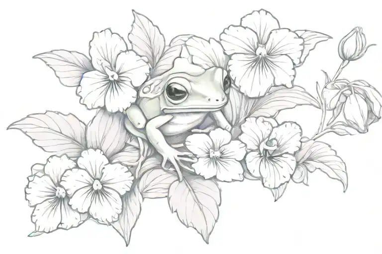 African violet and pansies and tree frog playing tattoo design idea