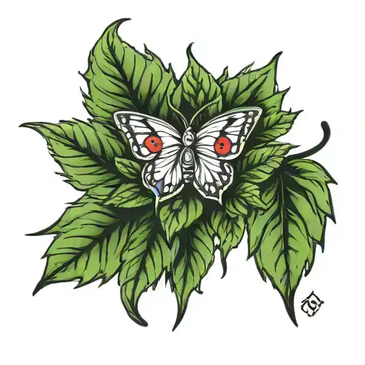 weed leaf with butterflies sorounding the word williams tattoo design idea