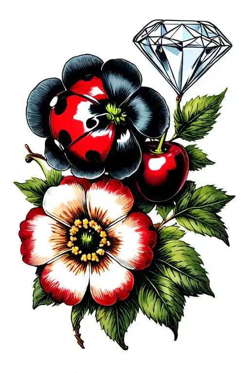 flowers,  1 cherry, 1 diamond, 1 coccinelle tattoo design idea