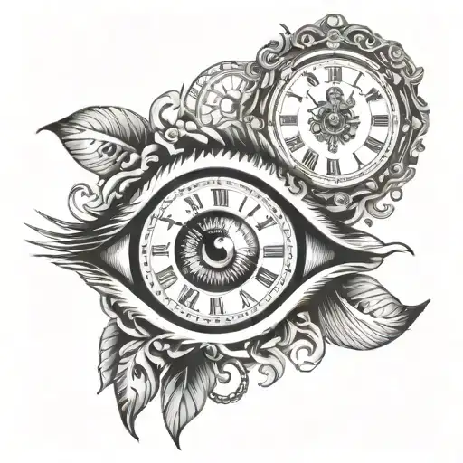 clock inside human eye. black and white tattoo. include a whole human eye. incorperate any cool designs you like tattoo design idea