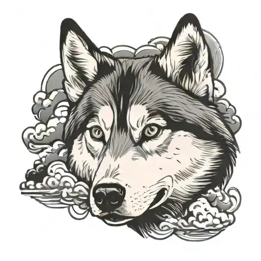 husky face with clouds and flow diagram tattoo design idea