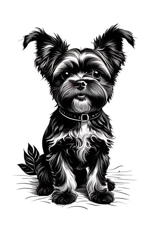 black and white tattoo with a touch of architecture, adventure, travel, a black shih tzu dog, and 1mm thin arm band tattoo design idea