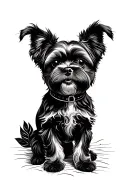 black and white tattoo with a touch of architecture, adventure, travel, a black shih tzu dog, and 1mm thin arm band tattoo design idea