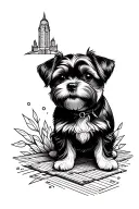 black and white tattoo with a touch of architecture, adventure, travel, a black shih tzu dog, and 1mm thin arm band tattoo design idea