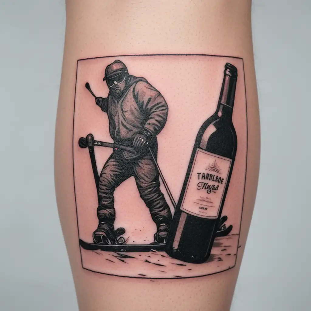 back country skiing wine bottle tattoo design idea
